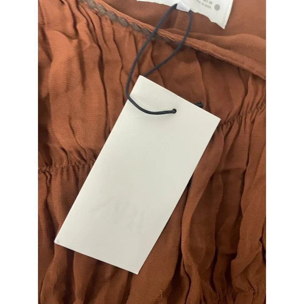 Zara ZW Womens Midi Slip Dress S Small Brown orange Embroidered 6895/058 NWT - Picture 7 of 16